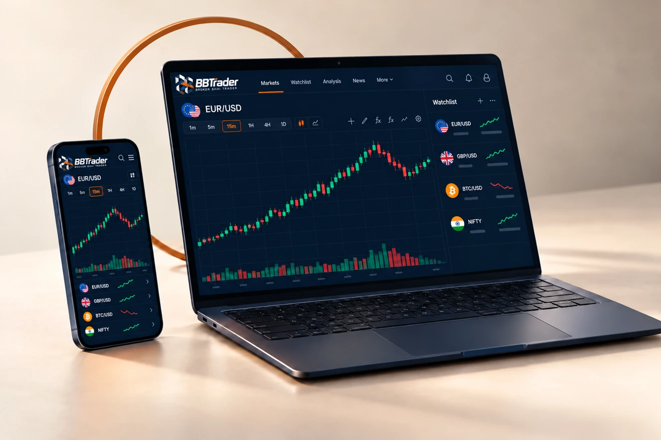 Laptop and smartphone showing matching BBTrader EUR/USD trading dashboard concepts with candlestick charts, volume bars, and a market watchlist